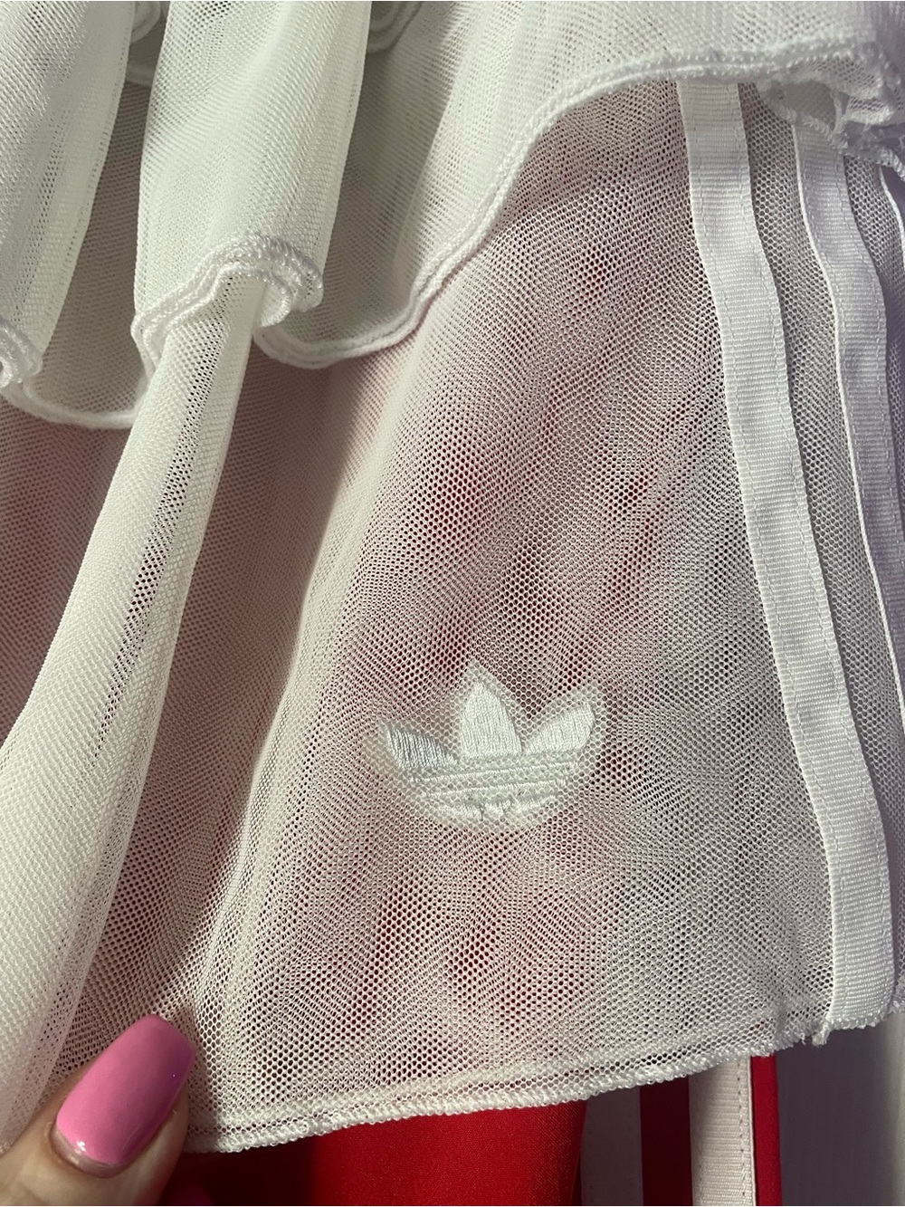 NWT adidas Women’s Red Track Pants with White Ruffle Overlay - Picture 3 of 15